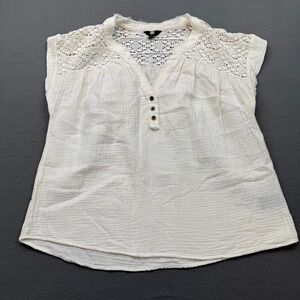 Frye Blouse Women Large White Boho Cottagecore Crochet Lace Gauze Henley Top